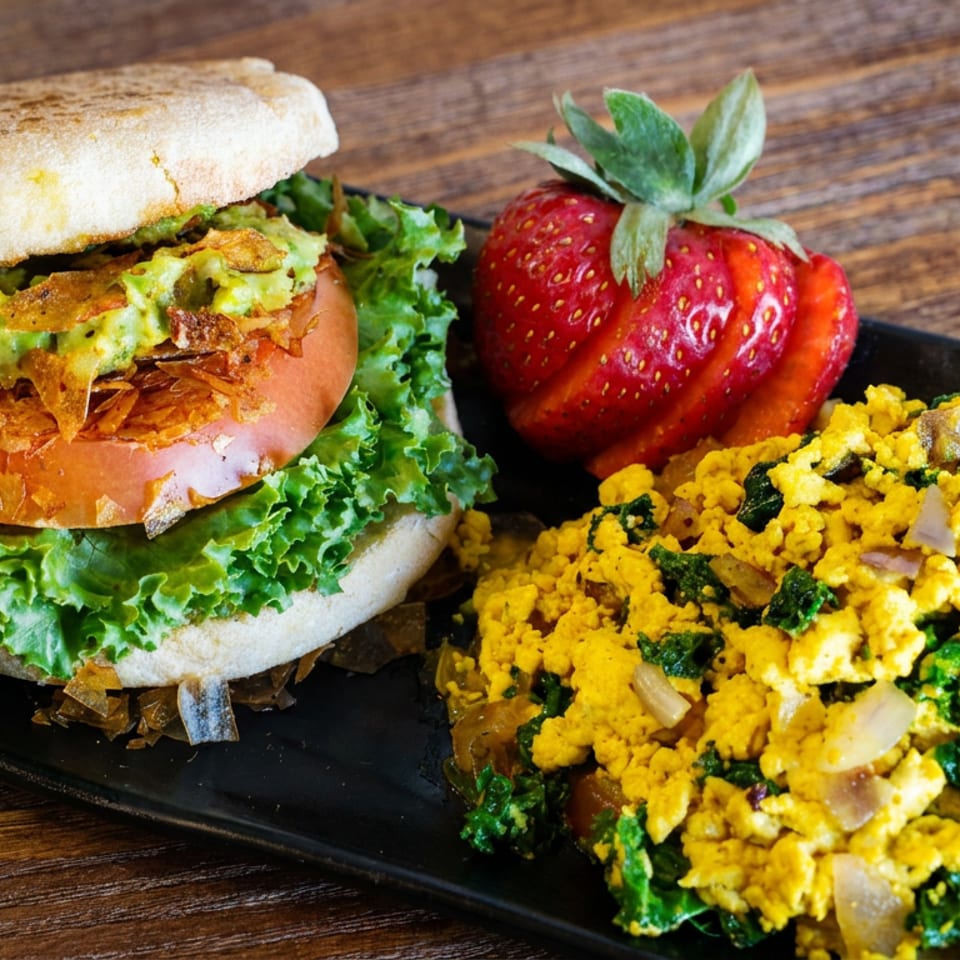 Breakfast sandwich with lettuce and crispy onions, scrambled eggs with spinach, and fresh strawberries on a black plate.