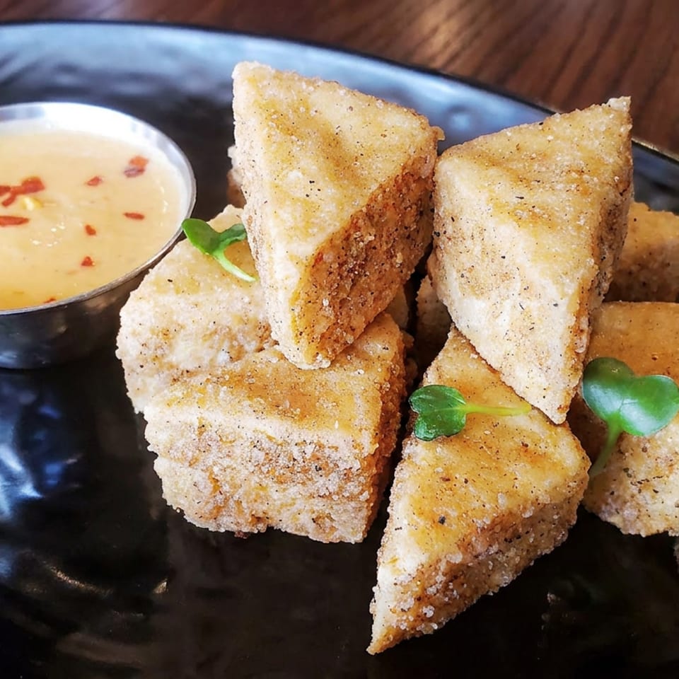 Crispy triangular fried appetizers garnished with greens, served on a black plate alongside creamy dipping sauce.