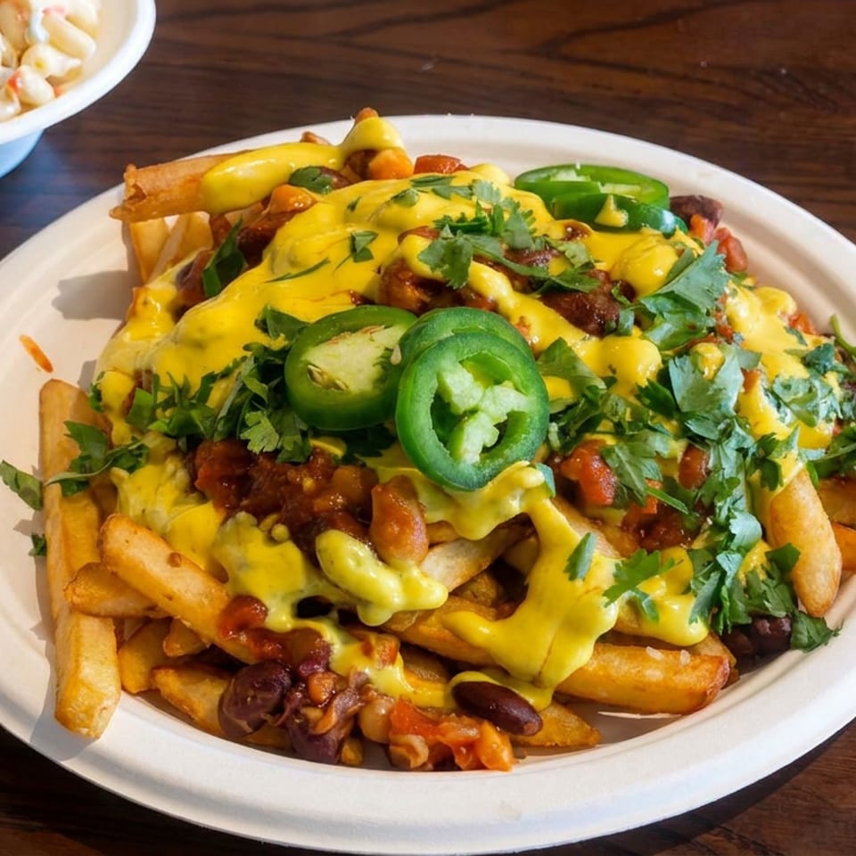 Loaded fries topped with chili, melted cheese, beans, jalapeño slices, and cilantro, served with macaroni salad on a wooden table.