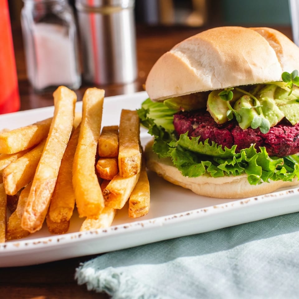 Vegetarian beet burger with avocado and lettuce served alongside golden fries on a white plate.